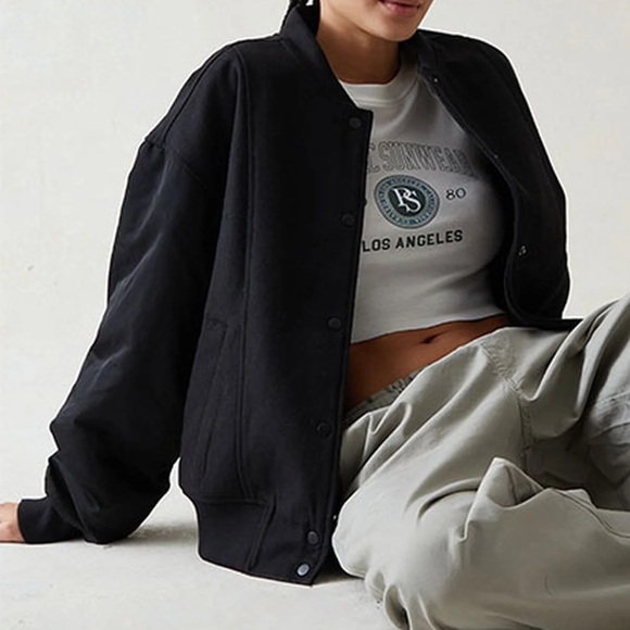 (NWT) PacSun Black Wool Bomber Varsity Jacket - Picture 2 of 5